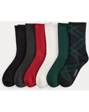 Ralph Lauren Plaid & Mini-Cable Roll-Top Sock 6-Pack - Green