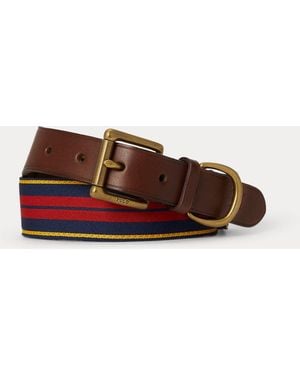 Ralph Lauren Leather-Trim Striped Grosgrain Belt - Brown