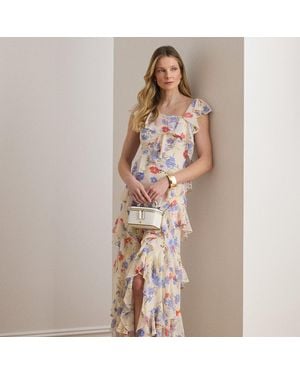 Ralph Lauren Floral Ruffle-Trim Georgette Tiered Gown - Natural