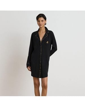 Ralph Lauren Leopard-Print-Trim Jersey Sleep Shirt - Black
