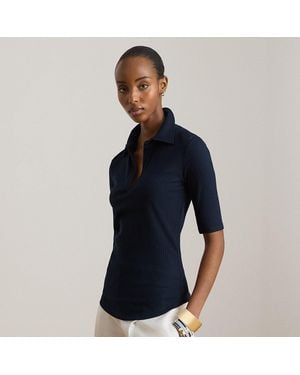 Ralph Lauren Rib-Knit Elbow-Sleeve Polo Tee - Blue