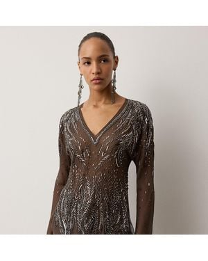 Ralph Lauren Sasha Embellished Silk Georgette Blouse - Gray