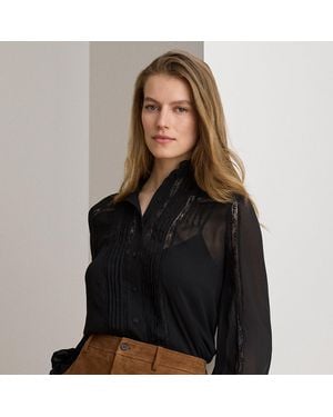 Ralph Lauren Lace-Trim Crinkle Georgette Blouse - Black