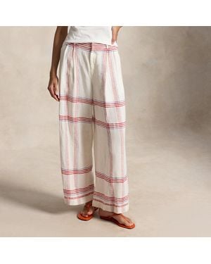 Polo Ralph Lauren Plaid Linen Wide-Leg Cropped Trouser - Pink