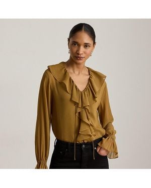 Ralph Lauren Ruffle-Trim Crinkle Georgette Blouse - Brown