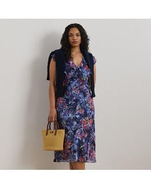 Vestido Ralph Lauren De Georgette - Azul Multicolor, Escote Surplice Y Volados