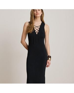 Ralph Lauren Lace-Up Rib-Knit Sleeveless Gown - Black