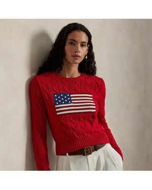 Polo Ralph Lauren Cropped Katoenen Kabeltrui Met Vlag - Rood