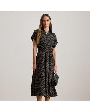 Ralph Lauren Geo-Print Belted Crepe Dress - Black