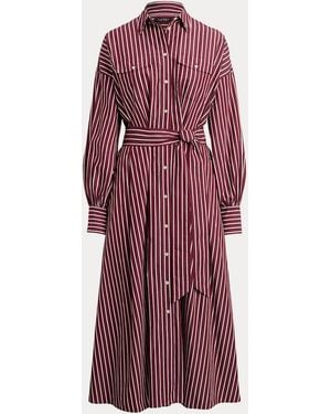 Ralph Lauren Striped Belted Broadcloth Shirtdress - Red