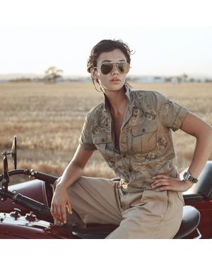 RRL Camisa De Sarga Bordada - Marrón