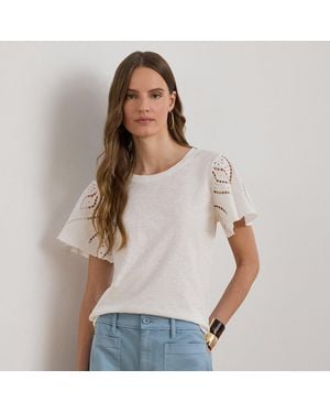 Ralph Lauren Eyelet Cotton Jersey & Broadcloth Top - White