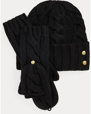Ralph Lauren Cable-Knit Beanie & Mittens Set - Black