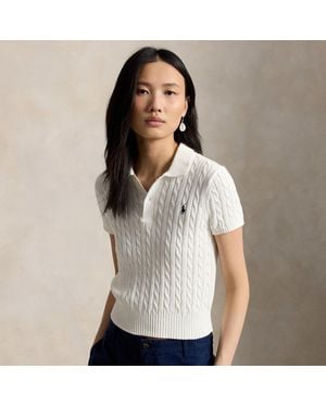 Polo Ralph Lauren Cable-Knit Cotton Cropped Polo Shirt - Grey