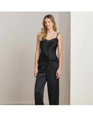 Ralph Lauren Lace-Trim Satin Double-Strap Cami Pj Set - Black