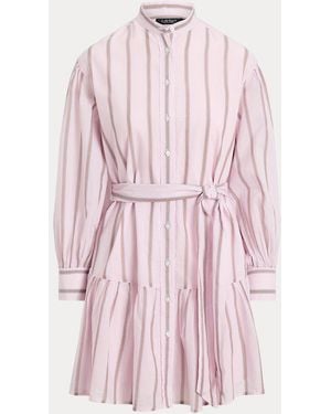 Ralph Lauren Striped Voile Blouson-Sleeve Shirtdress - Pink