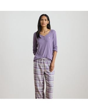 Ralph Lauren Plaid Cotton-Blend Henley Pyjama Set - Purple