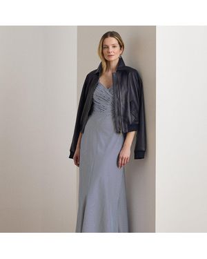 Ralph Lauren Striped Pleated Taffeta Sleeveless Gown - Blue