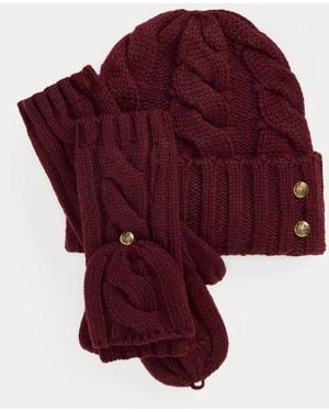 Ralph Lauren Cable-Knit Beanie & Mittens Set - Red