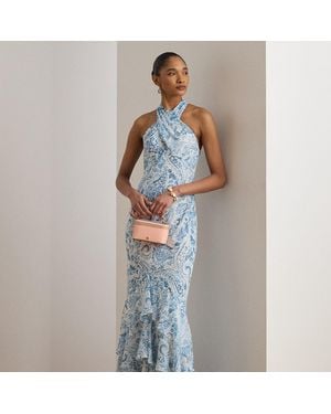 Ralph Lauren Paisley Crinkle Georgette Halter Gown - Blue