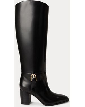 Ralph Lauren Raelynn Glazed Leather Tall Boot Heel - Black