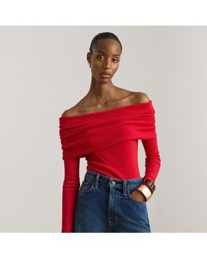 Ralph Lauren Ribbed Cotton-Blend Off-The-Shoulder Top - Red
