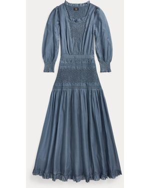 RRL Smocked Cotton Voile Dress - Blue