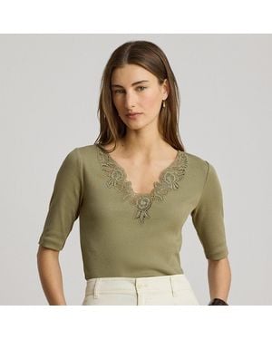 Ralph Lauren Lace-Trim Rib-Knit Cotton-Blend Top - Green