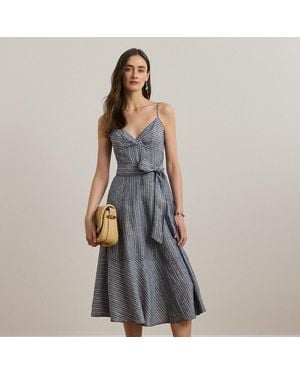 Ralph Lauren Ralph Lauren Striped Belted Linen Sleeveless Dress - Gray