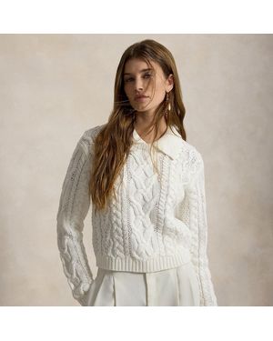 Ralph Lauren Aran-Knit Cotton Polo-Collar Jumper - Natural