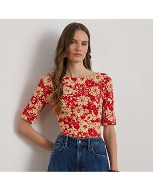 Ralph Lauren Floral Stretch Cotton Boatneck T-Shirt - Red