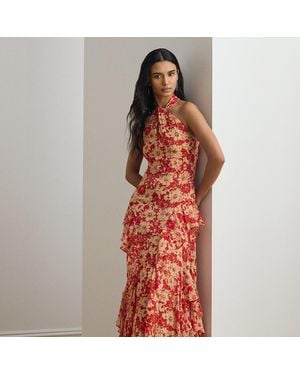 Ralph Lauren Floral Ruffle-Trim Georgette Halter Gown - Red