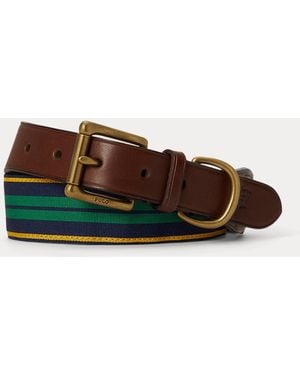 Ralph Lauren Leather-Trim Striped Grosgrain Belt - Brown