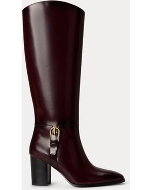 Ralph Lauren Raelynn Glazed Leather Tall Boot Heel - Brown
