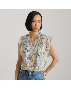 Ralph Lauren Floral Ruffle-Trim Georgette Shirt - Blue
