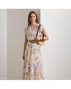 Ralph Lauren Floral Belted Georgette Tiered Dress - Natural