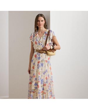 Ralph Lauren Floral Belted Georgette Tiered Dress - Natural