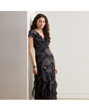 Ralph Lauren Floral Ruffle-Trim Georgette Gown - Black