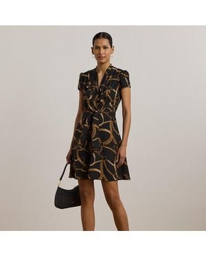 Ralph Lauren Belting-Print Crepe Tie-Front Dress - Black