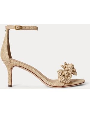 Ralph Lauren Allie Mid-Heel Floral-Trim Raffia Sandal - Metallic