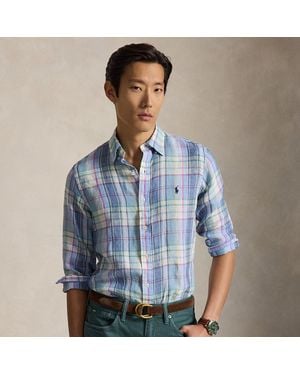 Polo Ralph Lauren Custom Fit Plaid Linen Shirt - Blue