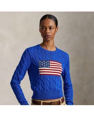 Ralph Lauren Flag Cable-Knit Cotton Cropped Sweater - Blue