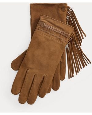 Ralph Lauren Fringe-Trim Sheep-Suede & Leather Gloves - Brown