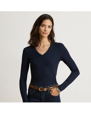 Ralph Lauren Rib-Knit Long-Sleeve V-Neck Top - Blue