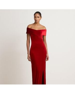Ralph Lauren Stretch Velvet Off-The-Shoulder Gown - Red
