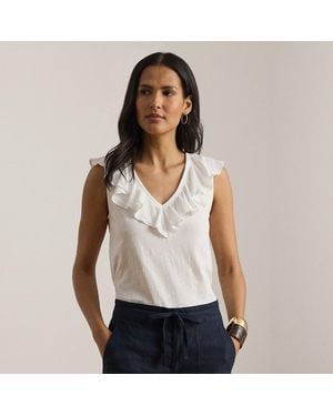 Ralph Lauren Ruffle-Trim Slub Jersey Sleeveless Top - White