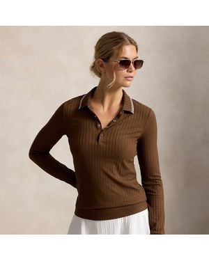 Ralph Lauren Slim Fit Rib-Knit Long-Sleeve Polo Shirt - Brown
