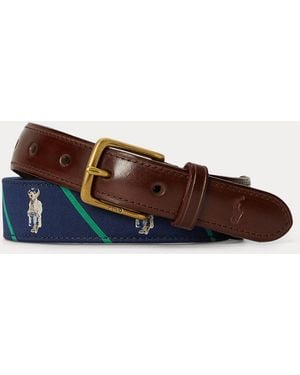 Polo Ralph Lauren Polo Bear Leather-Trim Striped Belt - Brown