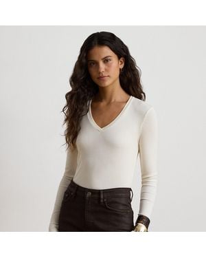 Ralph Lauren Rib-Knit Long-Sleeve V-Neck Top - White