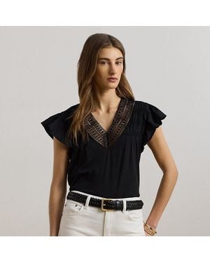 Ralph Lauren Ralph Lauren Lace-Trim Jersey Flutter-Sleeve Tee - Black